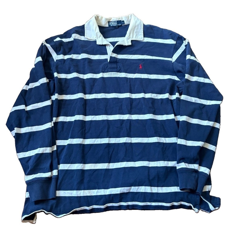 Vintage POLO RALPH LAUREN Large White Blue Striped Rugby Pullover Pony Shirt